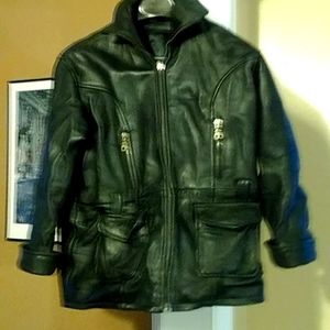Leather jacket , lined, cuffed sleeves, warm but heavy to wear size 5 worn once